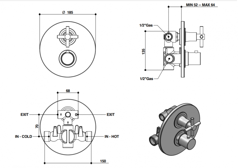 Встраиваемый термостат для душа Bongio T CROSS/T LEVER 30549 ФОТО