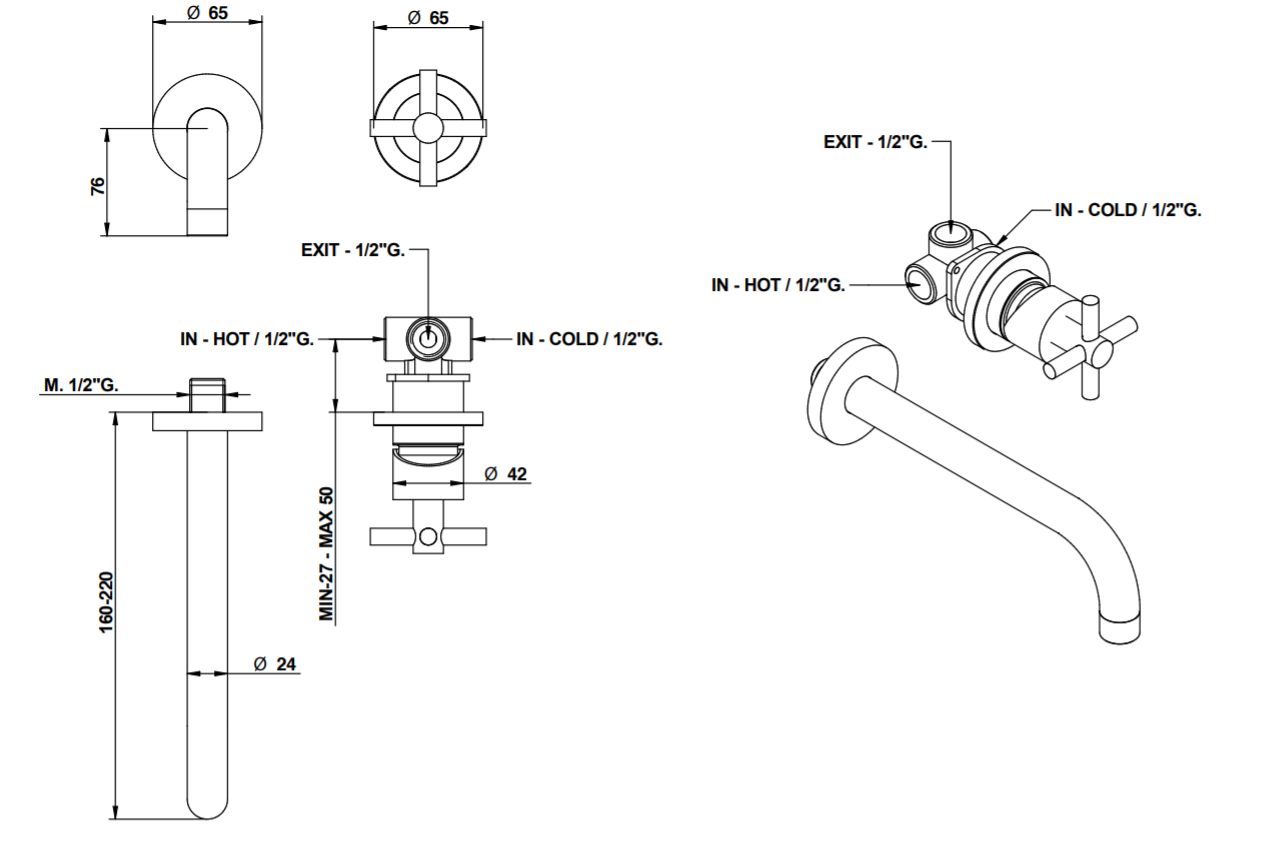 Смеситель для раковины Bongio T CROSS/T LEVER 30338/16 схема 2