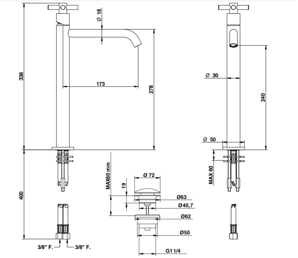 Смеситель для раковины Bongio T CROSS/T LEVER 30332 высокий схема 2