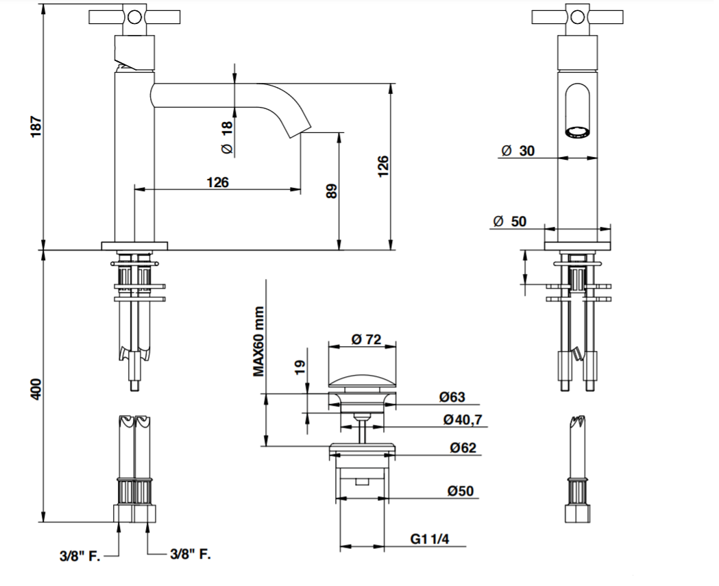 Смеситель для раковины Bongio T CROSS/T LEVER 30321 схема 2