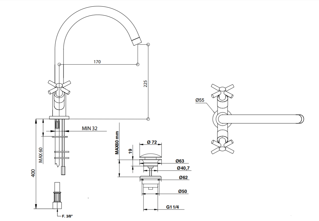 Смеситель для раковины Bongio T CROSS/T LEVER 30481 схема 2