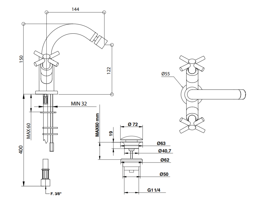 Смеситель для раковины Bongio T CROSS/T LEVER 30422 схема 2