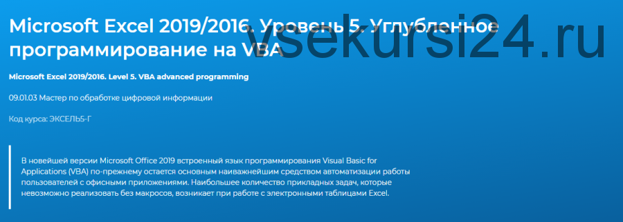 [Специалист]Microsoft Excel 2019/2016.Уровень 5.Углубленное программирование на VBA(Андрей Завьялов)