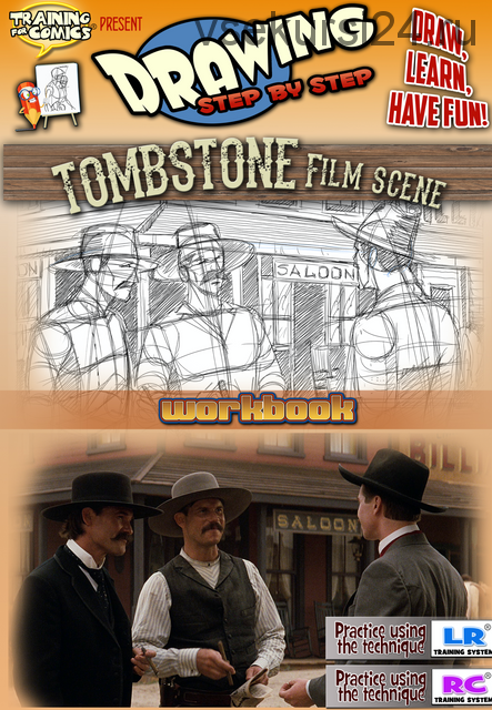 Drawing step by step. Tombstone Film scene (Training for Comics)