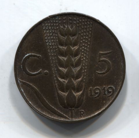 5 чентезимо 1919 года Италия, XF, редкий год