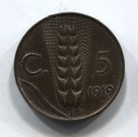 5 чентезимо 1919 года Италия, XF, редкий год