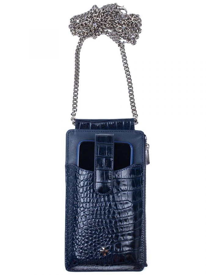 Кожаная сумочка для телефона Narvin 9244-N.Croco D.Blue