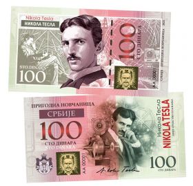 100 Динара (Sto Dinara) СРБИJE — Nicola Tesla (Никола Тесла, Сербия). Памятная банкнота UNC Oz ЯМ