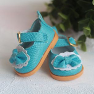 Сандалии для куклы голубые с бантиками 5,5 см.