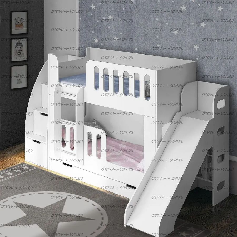 Кровать двухъярусная с лесенкой и горкой, белая ДС-20+