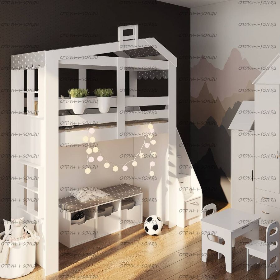 Кровать-чердак домик с лестницей-комодом ДС-34