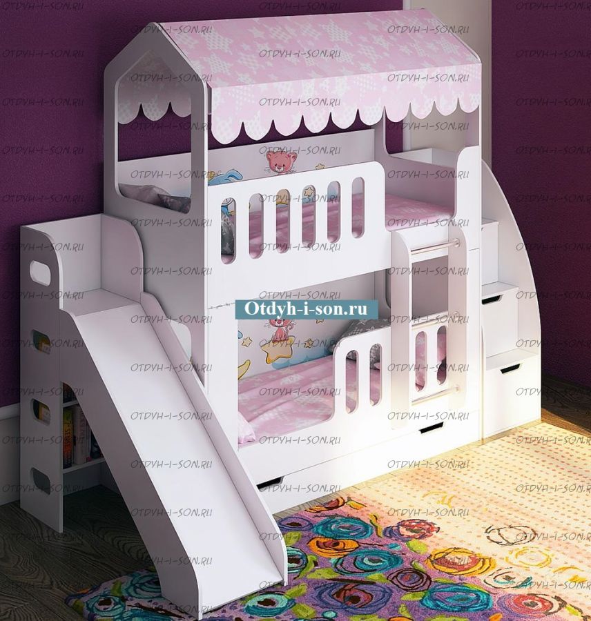 Кровать двухъярусная Домик с лесенкой и горкой ДС-17+