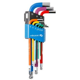 HT1W806 Набор шестигранных ключей удлиненных, Г-образных с шаровым наконечником и цветовой маркировкой 1,5-10 мм. CrV , 9 шт. HOEGERT
