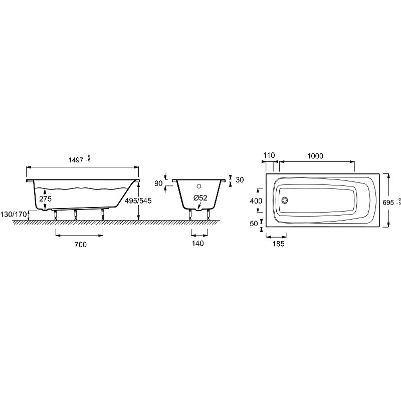 Акриловая ванна Jacob Delafon Patio 150x70 E6810RU-01 схема 3