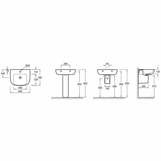Раковина Jacob Delafon Odeon Up E473 подвесная схема 2