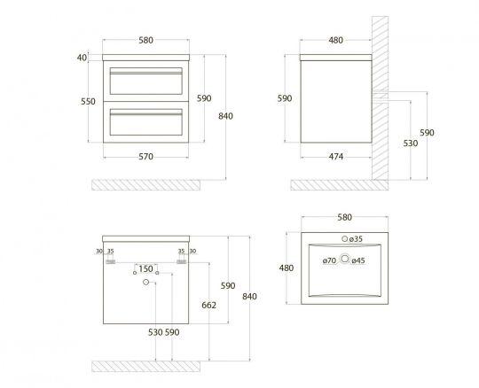 Подвесная тумба под раковину Art&Max PLATINO AM-Platino-580-2C-SO 58х47 ФОТО