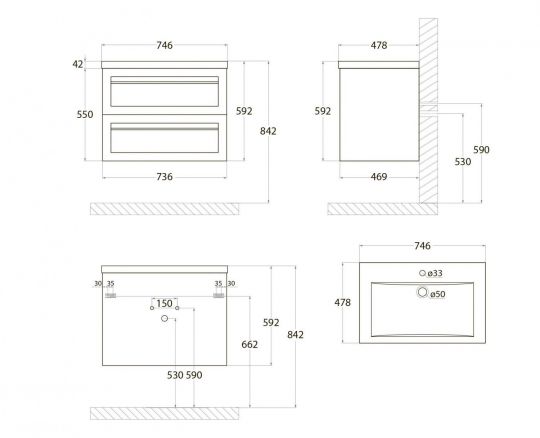 Подвесная тумба Art&Max PLATINO под мебельную раковину AM-Platino-750-2C-SO 75х47 ФОТО