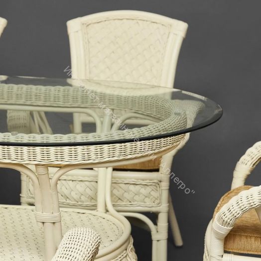 Комплект обеденный "ANDREA GRAND" (стол со стеклом+6 кресел+ подушки) TCH White (белый), Ткань рубчик, цвет кремовый