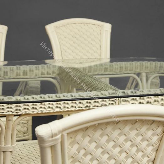 Комплект обеденный "ANDREA GRAND" (стол со стеклом+6 кресел+ подушки) TCH White (белый), Ткань рубчик, цвет кремовый