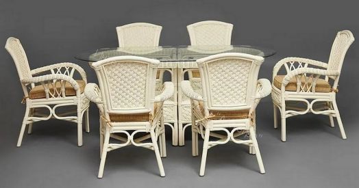Комплект обеденный "ANDREA GRAND" (стол со стеклом+6 кресел+ подушки) TCH White (белый), Ткань рубчик, цвет кремовый