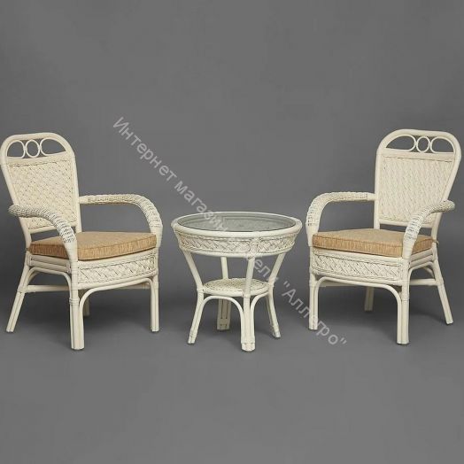 Комплект террасный ANDREA (стол кофейный со стеклом + 2 кресла + подушки) ротанг, TCH White (белый)
