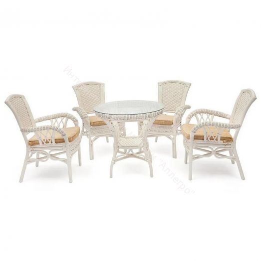 Комплект обеденный "ANDREA" ( стол со стеклом + 4 кресла + подушки) TCH White (белый), Ткань рубчик, цвет кремовый