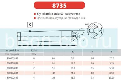 Центр упорный тип 8735-3 КМ3 Bison-Bial Польша с обратным конусом