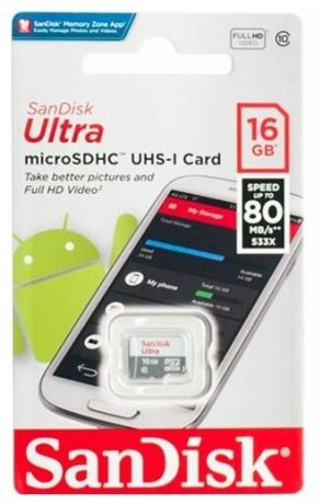 Карта памяти micro SDHC SanDisk 16Gb Class 10 Ultra Android UHS-I 80 MB/s