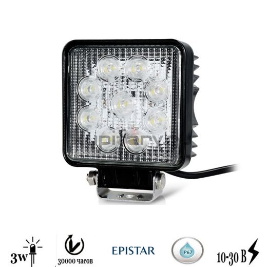 Светодиодная фара 27 ватт 9 led Epistar квадратная 11 см spot