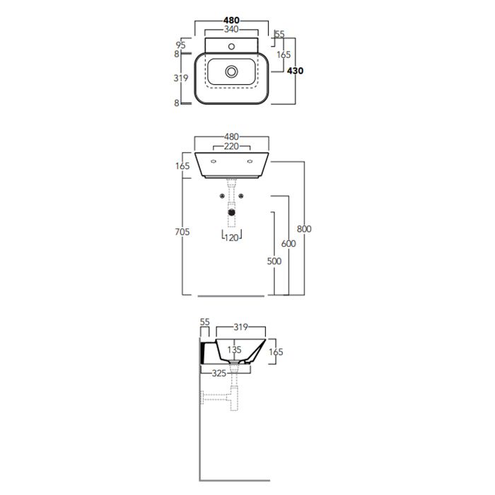 Раковина Simas Wave 48x43x16,5 с 1 отверстием прямоугольная WA 08 схема 2