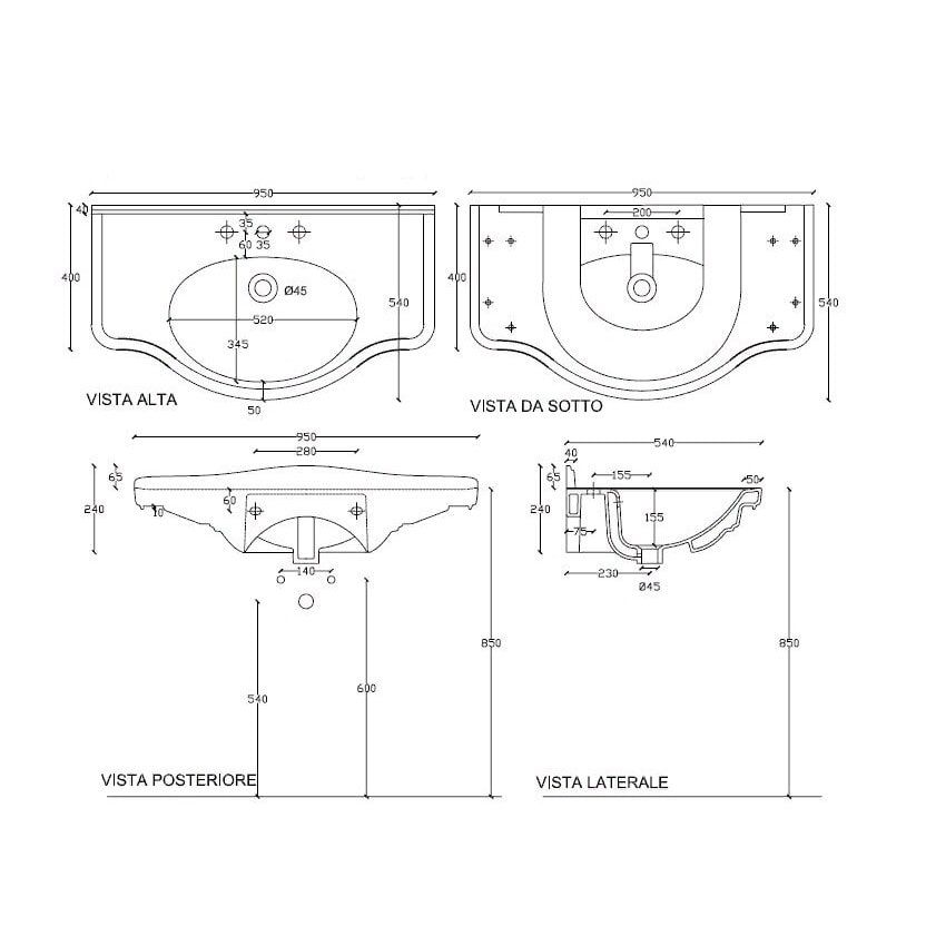 Раковина Galassia Ethos 8434 с 3 отверстиями и переливом 95x54 схема 2