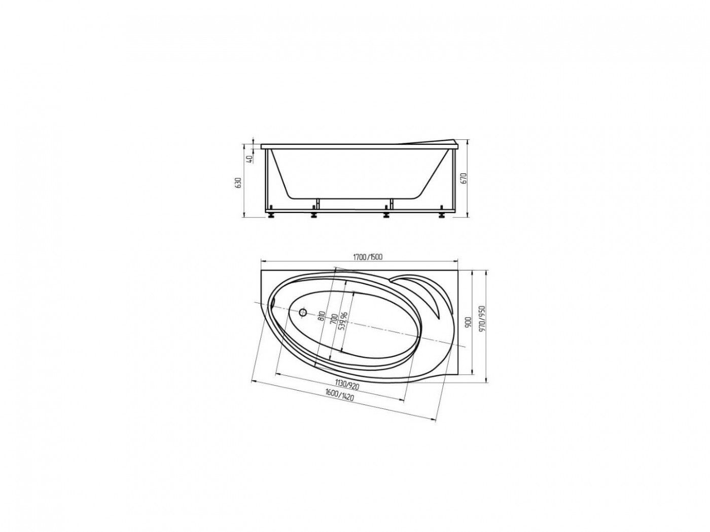 Акриловая ванна Акватек Бетта 150х95 схема 3