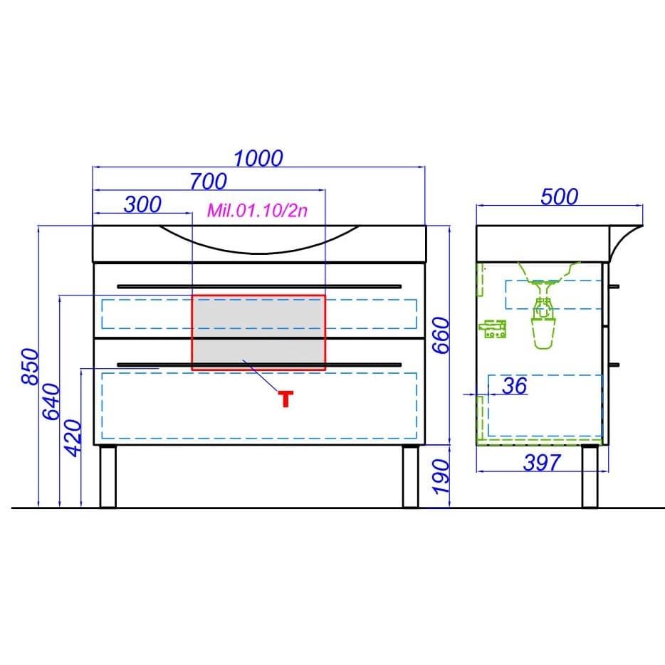 Напольная тумба с раковиной Aqwella Милан Mil.01.10/2n/W 100х50 схема 2