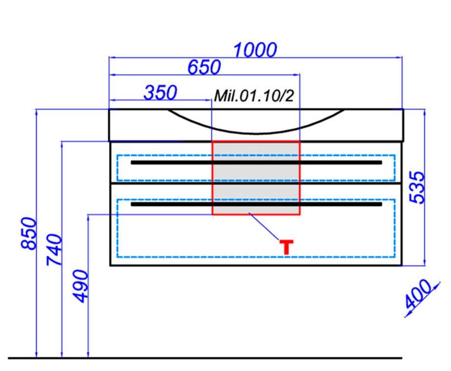 Подвесная тумба с раковиной Aqwella Милан Mil.01.10/2/W с ящиками 100х50 схема 2