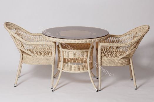 Стол FM-2002 белый (молочный) со стеклом, ротанг искусственный