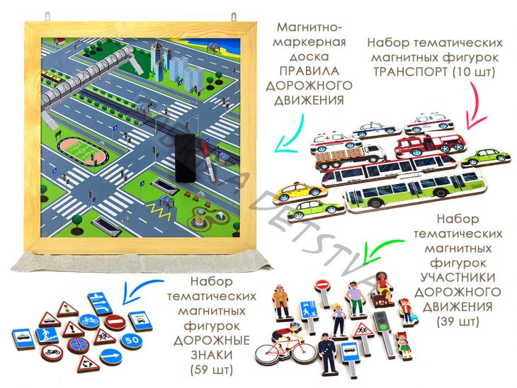 Доска магнитно-маркерная ИЗУЧАЕМ ПДД +108 тематических магнитов + тканевый органайзер, ТМ Рыжий Тим  ИО-691