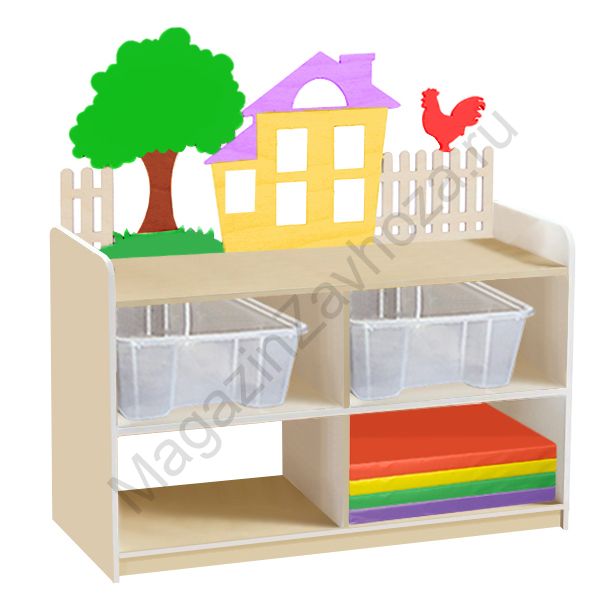 ТУМБА ДЛЯ ИГРУШЕК И ПОСОБИЙ 4 ОДНОСТОРОННЯЯ НА ЦОКОЛЕ С 2-МЯ КОНТЕЙНЕРАМИ И МИНИ-МАТАМИ