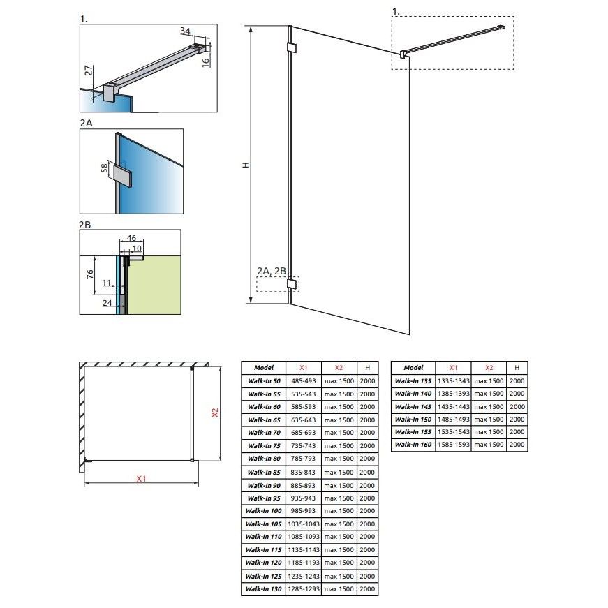 Душевой уголок Radaway Essenza Pro Walk-in на кронштейне схема 2