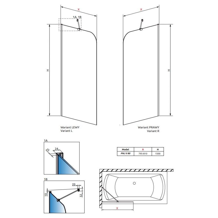 Стеклянная фиксированная шторка на ванну Radaway Torrenta PNJ II 80 см схема 2