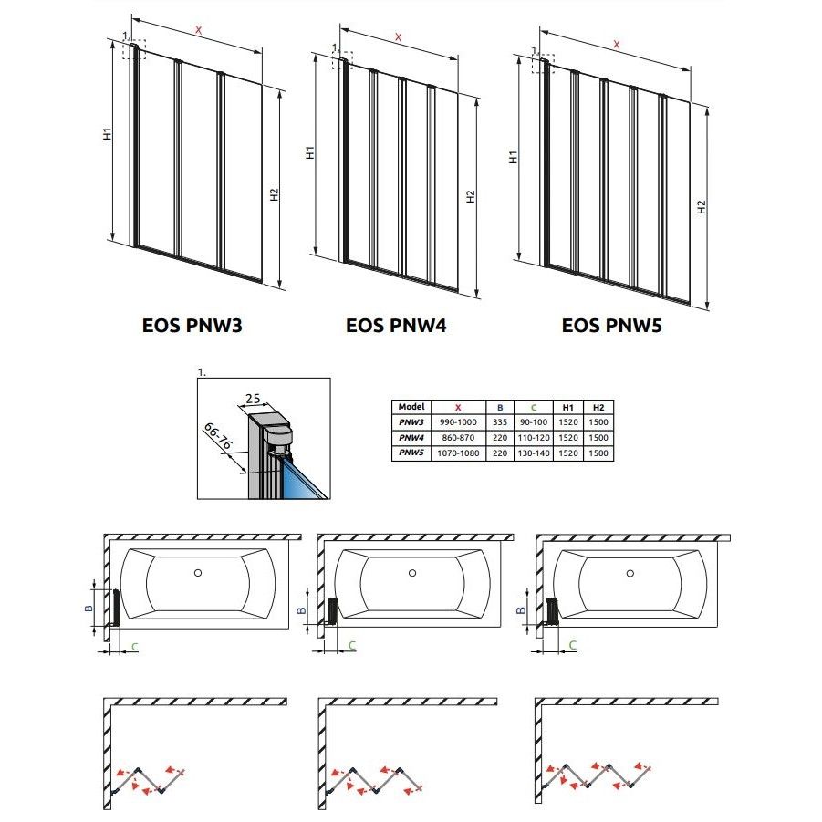 Стеклянная шторка-гармошка на ванну Radaway Eos PNW схема 2