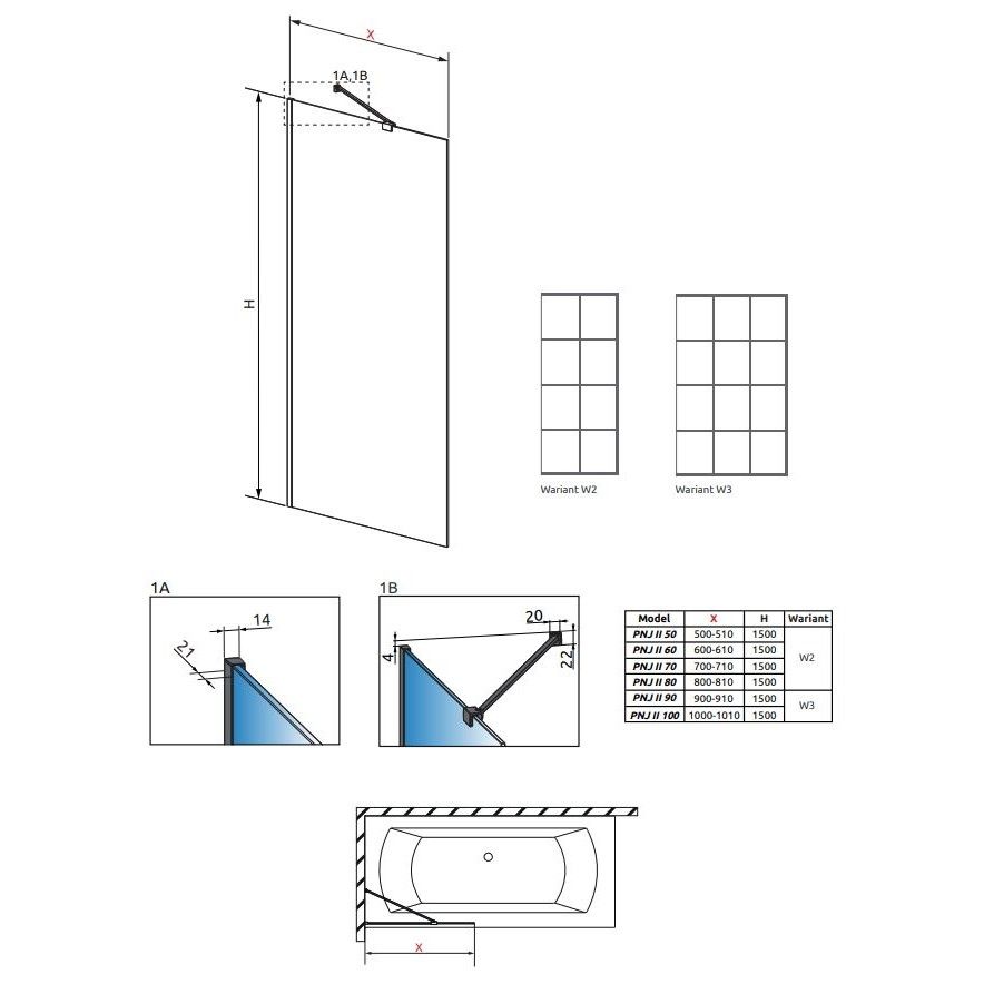 Фиксированная шторка на ванну Radaway Modo Black PNJ II Factory с черным профилем-решеткой схема 2