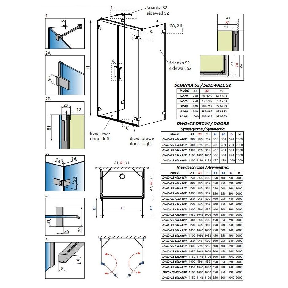 Пристенный душевой уголок Radaway Arta DWD+2S двухдверный схема 2