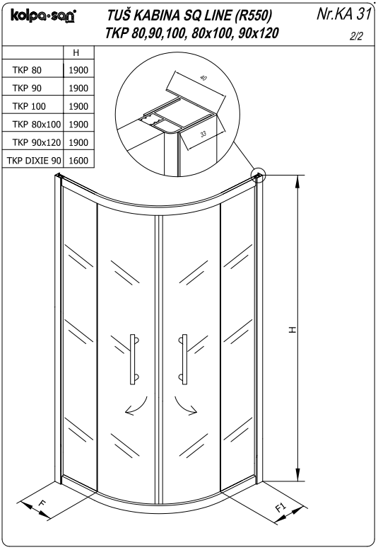 Душевая кабина Kolpa San Q LINE TKP четверть круга схема 3