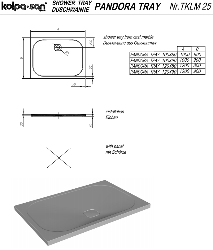 Прямоугольный душевой поддон Kolpa San PANDORA из литьевого мрамора схема 2