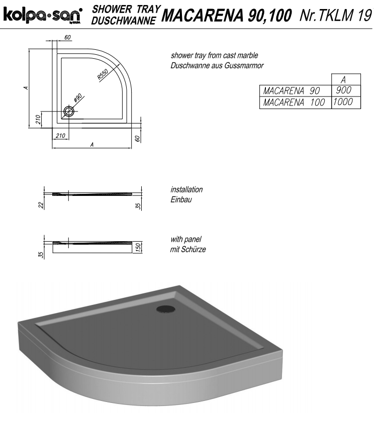 Душевой поддон из литьевого мрамора Kolpa San MACARENA четверть круга схема 2