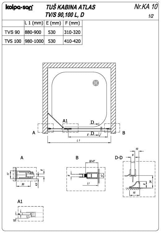 Распашная душевая дверь в нишу Kolpa San ATLAS TV/S R 560 схема 3
