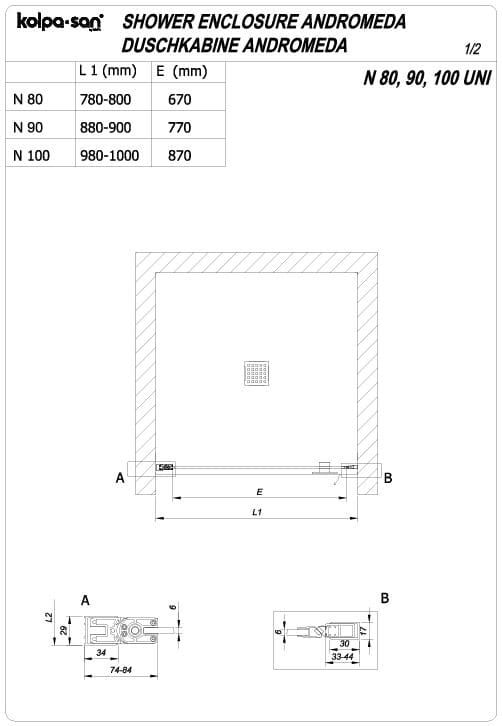 Распашная душевая дверь в нишу Kolpa San ANDROMEDA N 516 схема 3