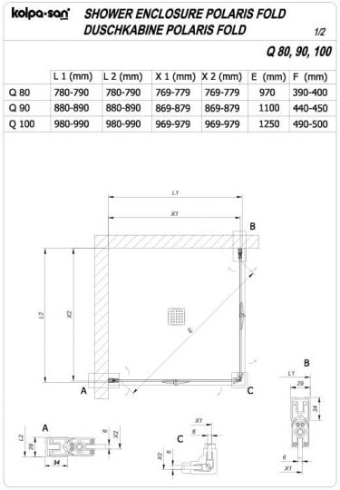 Квадратный душевой уголок Kolpa San  POLARIS FOLD Q 516 с двойной дверью схема 2