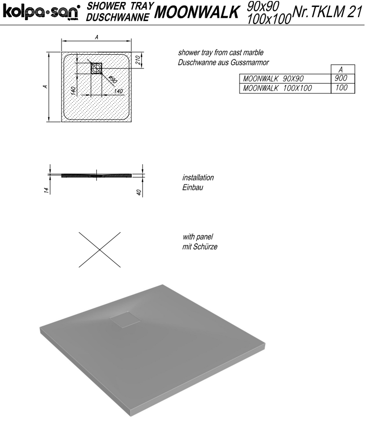 Квадратный душевой поддон Kolpa San MOONWALK из литьевого мрамора схема 1