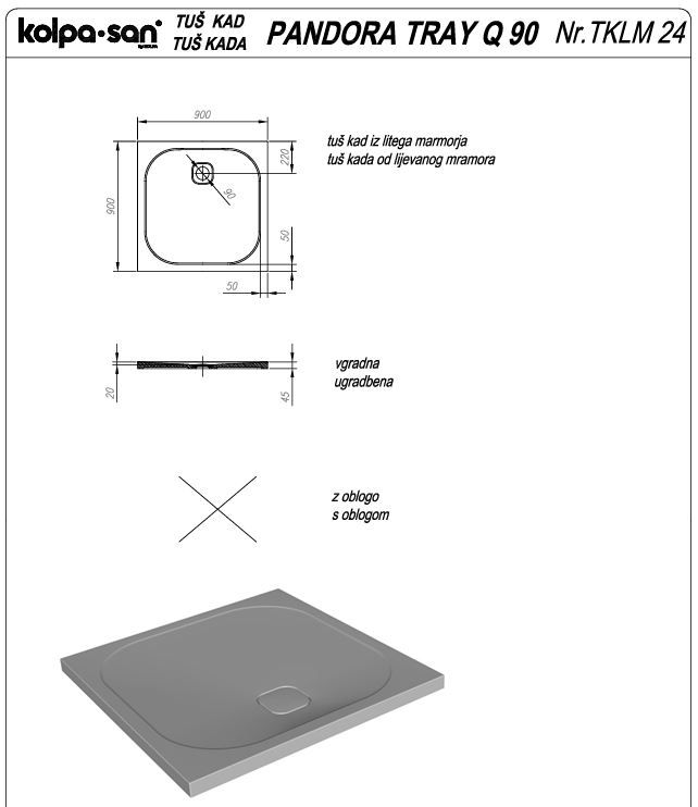 Квадратный душевой поддон Kolpa San PANDORA из литьевого мрамора схема 2